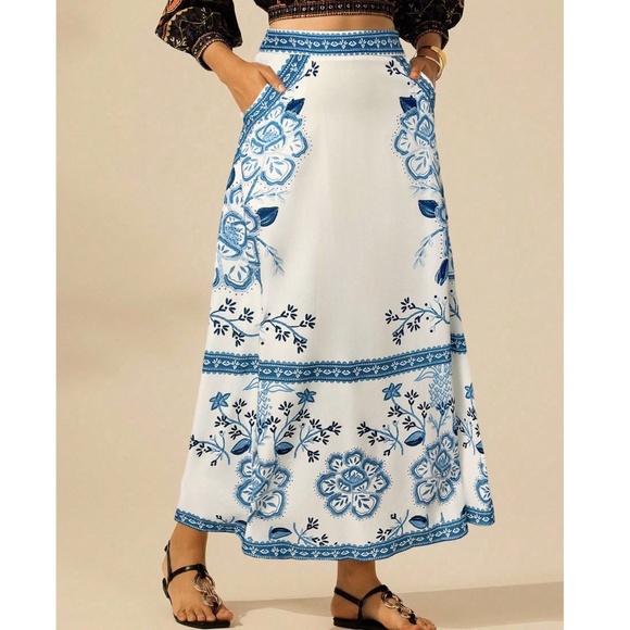 Boho Floral Print Stretchy Waist Pockets Midi Skirt - Picture 1 of 8